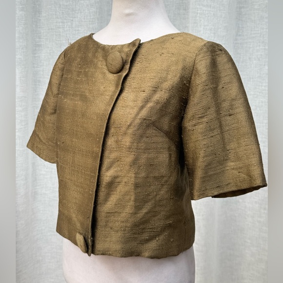 1960 cropped jacket olive green textured short sleeve silk - Picture 3 of 7